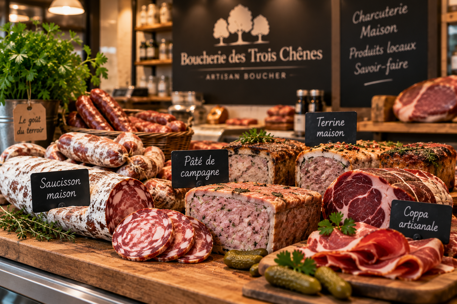 Charcuterie artisanale préparée à la Boucherie des Trois Chênes